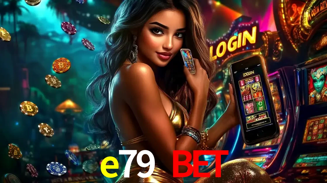 Mulher em um cenário de cassino temático de aventura, mostrando o app de caça-níqueis da e79 bet no celular. Fichas de apostas flutuam ao redor.