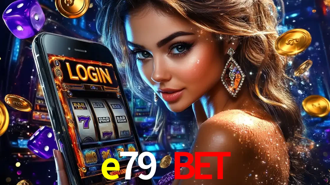 Mulher glamorosa segurando um smartphone com a tela de login para os jogos de caça-níqueis do cassino online e79 bet, com moedas de ouro e dados ao redor.