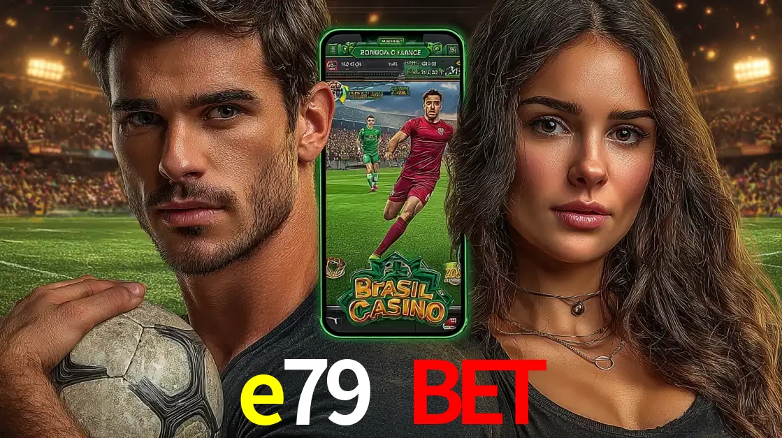 Homem segurando uma bola de futebol e uma mulher ao lado de um smartphone exibindo o jogo de apostas esportivas da e79 bet. Faça seu palpite no cassino online.